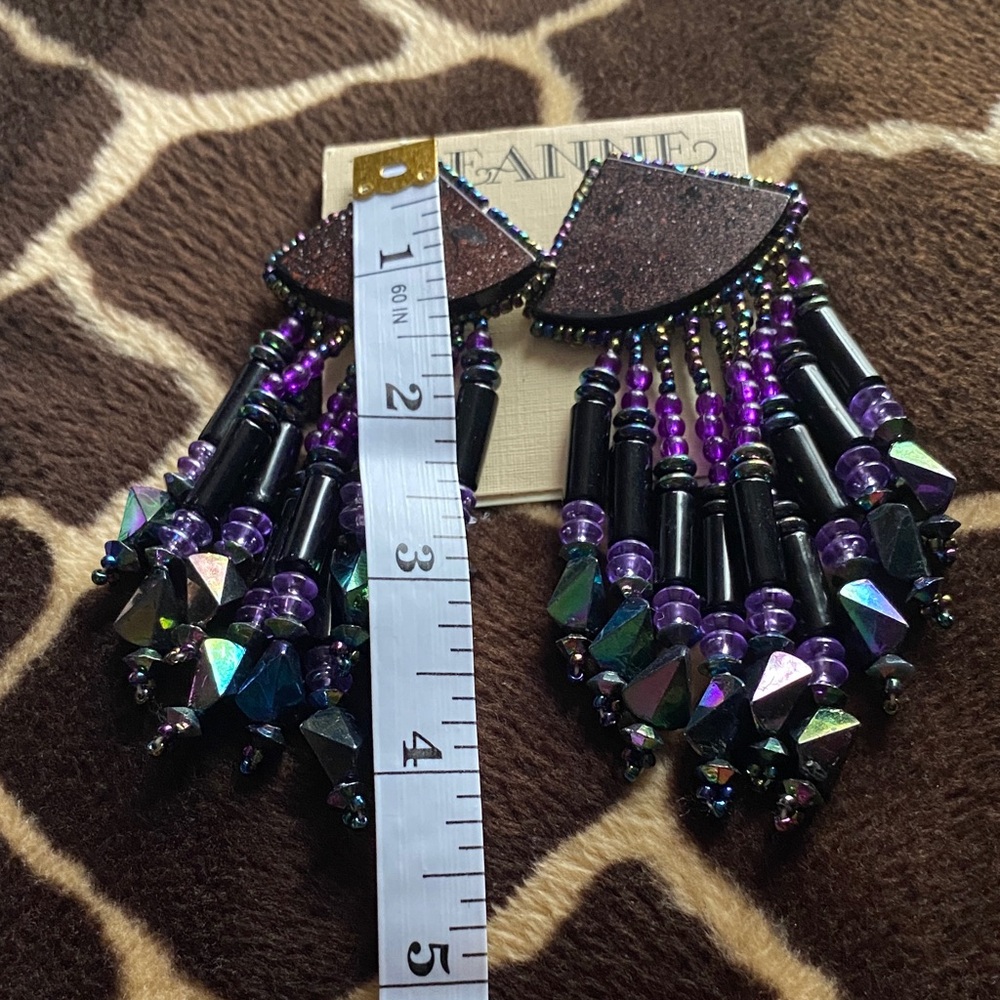 Vintage 90’s Beaded Statement Earrings with Purple and Black Accents - Picture 7 of 7